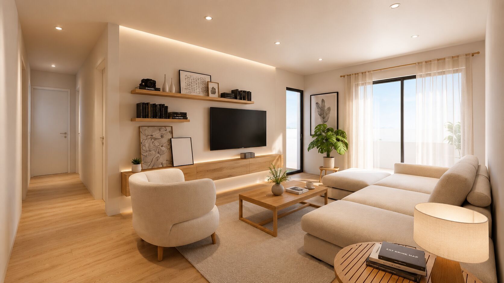 Salón luminoso con zona de estar y vistas exteriores