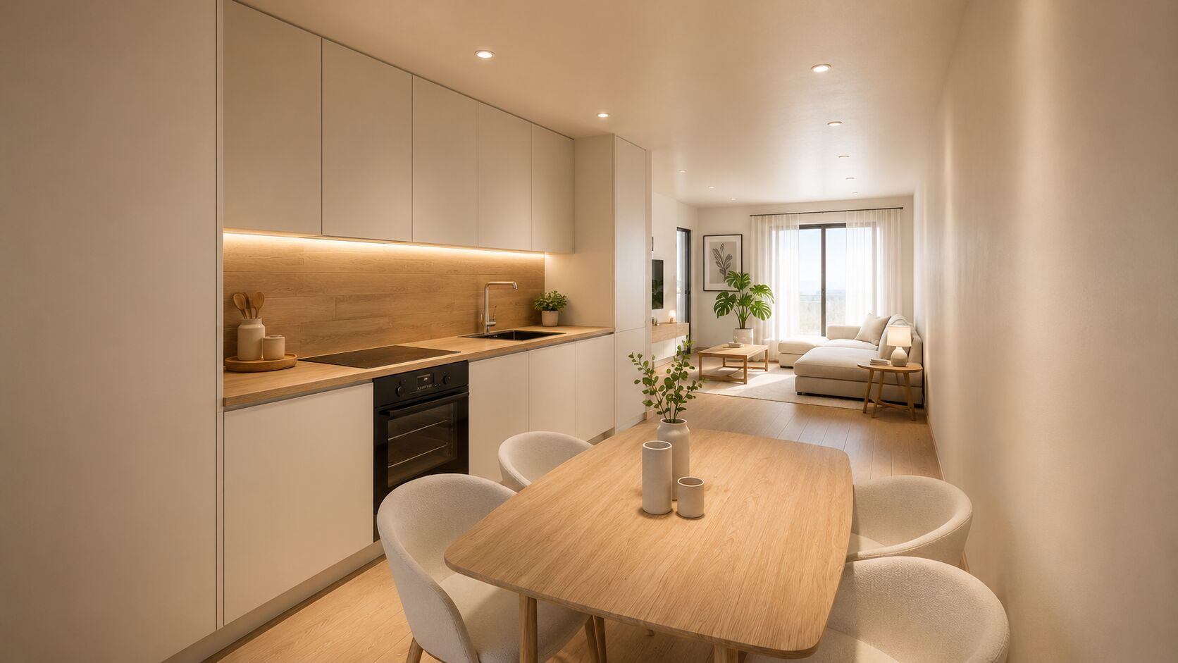 Cocina abierta integrada con el salón y entrada de luz natural
