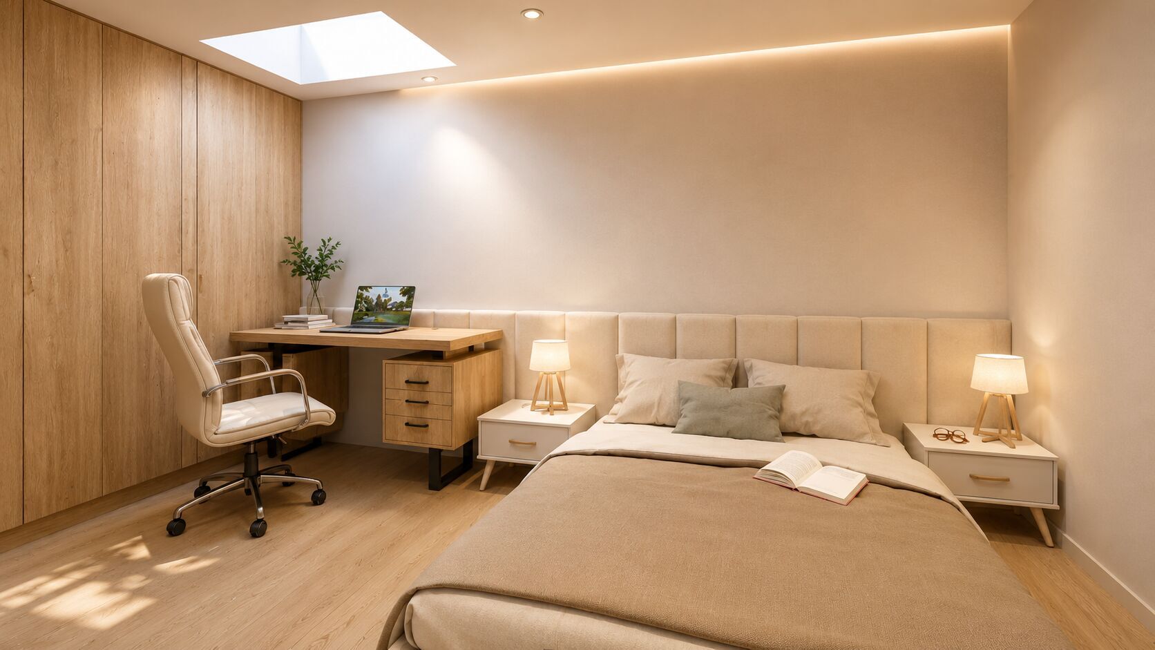 Dormitorio principal con cabecero tapizado e iluminación cálida