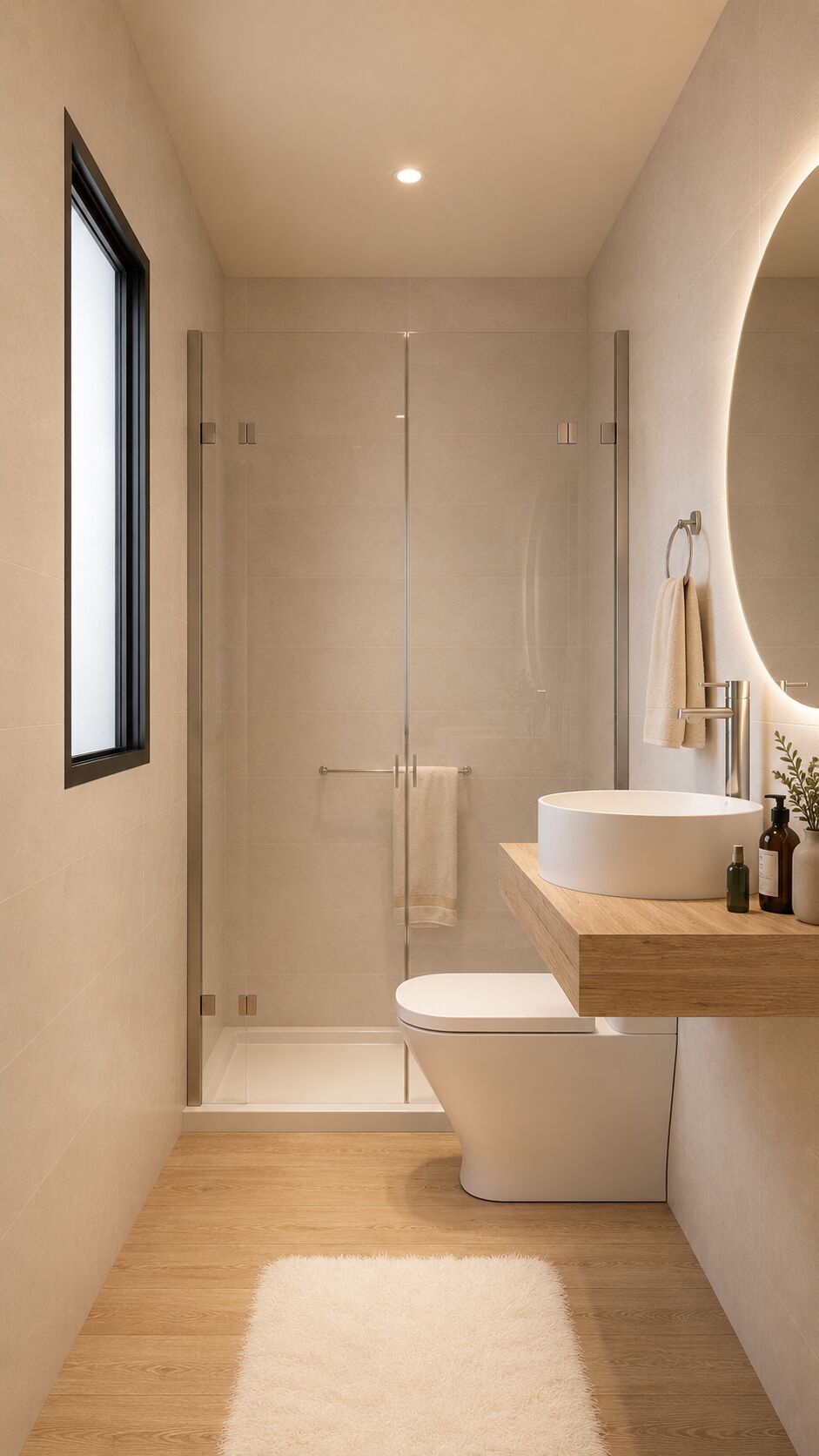 Baño secundario con ducha de obra y mueble en madera