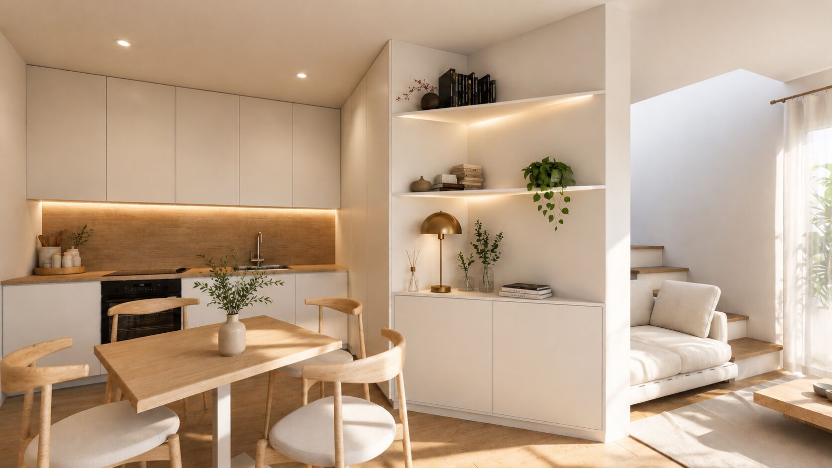 Cocina abierta con office y acabados en madera natural