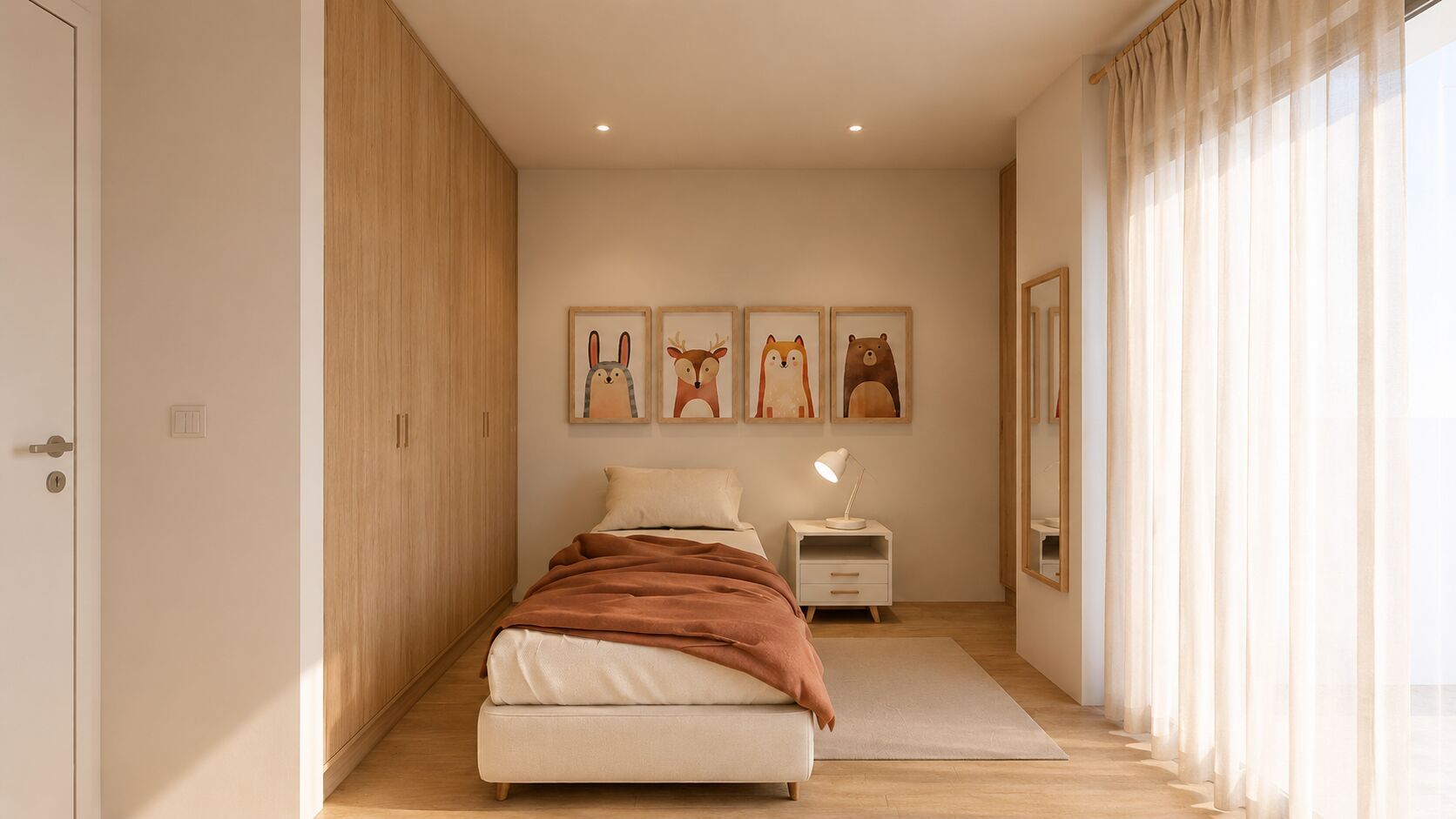 Dormitorio infantil con decoración cálida y armario empotrado