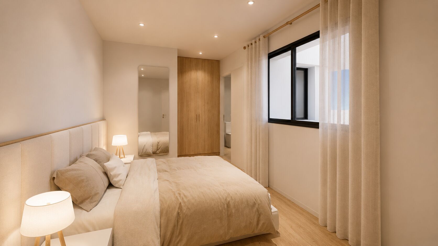 Dormitorio sereno con cortinas y luz tamizada