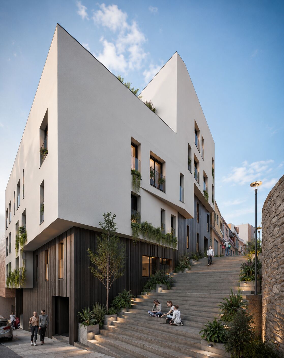 Edificio CENTRVM — esquina con escaleras urbanas y vegetación